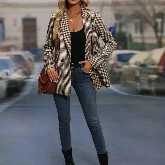 Apricot Elegant Women's Plaid Print Double Breasted Blazer - Picture 1 of 5